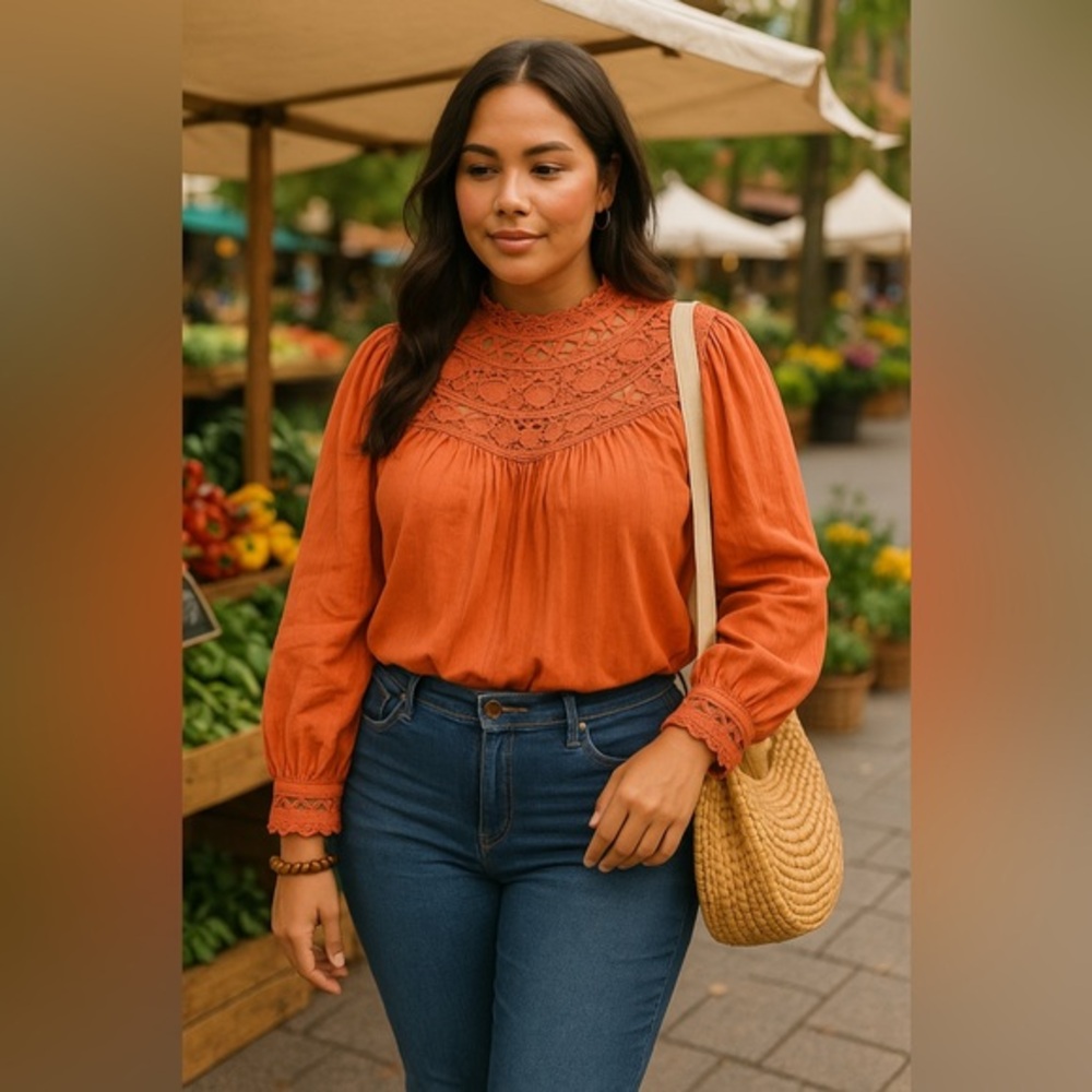 Torrid Boho Apricot Brandy Cotton Lace Trim Yoke Blouson Sleeve Top 4X #886